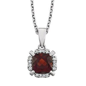 Cushion Mozambique Garnet & Diamond 14k White Gold Necklace, 18 Inch
